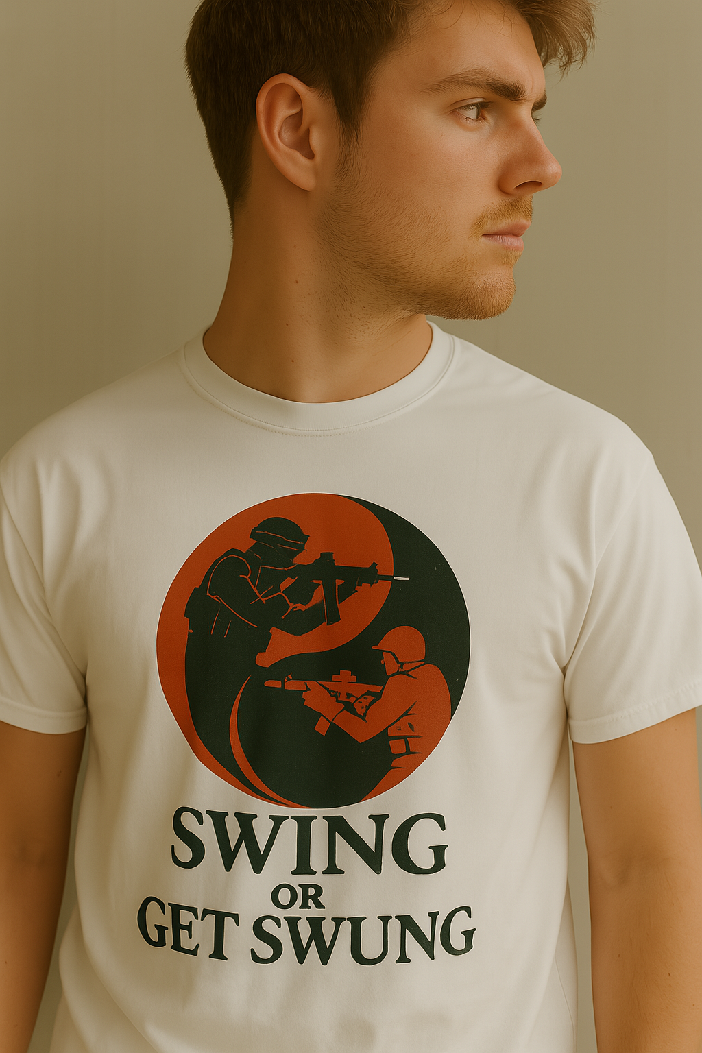 tactical t-shirt, gamer merch, escape from tarkov shirt, swing or get swung, fps gaming apparel, tactical streetwear, yin yang shooter design, military graphic tee, tarkov inspired merch, combat style clothing, chad tee, gaming t-shirt, gunfight graphic tee, operator lifestyle, shooter game merch, PMC apparel, push or die shirt, hardcore gamer clothing, firefight t-shirt, tarkov meme merch