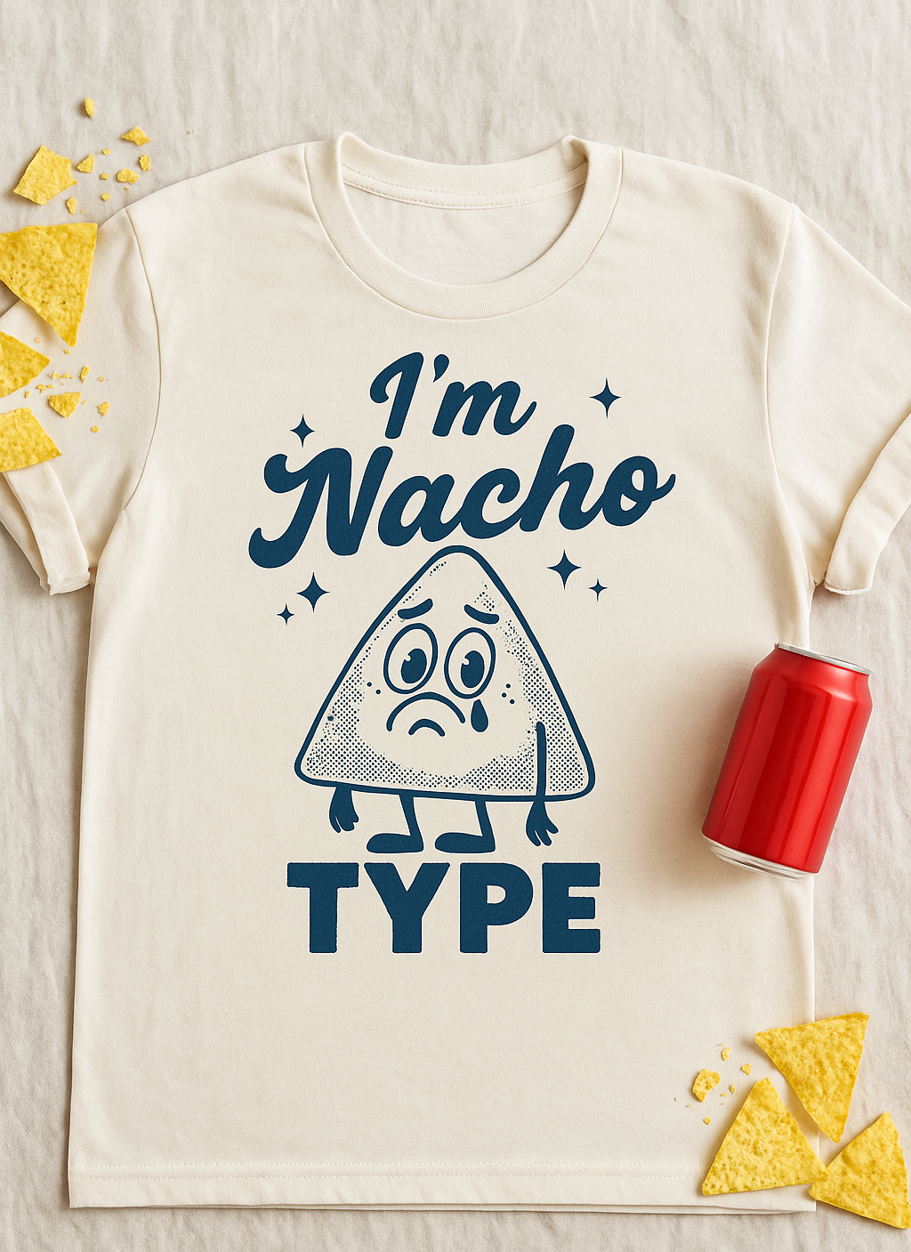 T-shirt with 'I'm Nacho Type' design on a light background with tortilla chips and a drink.