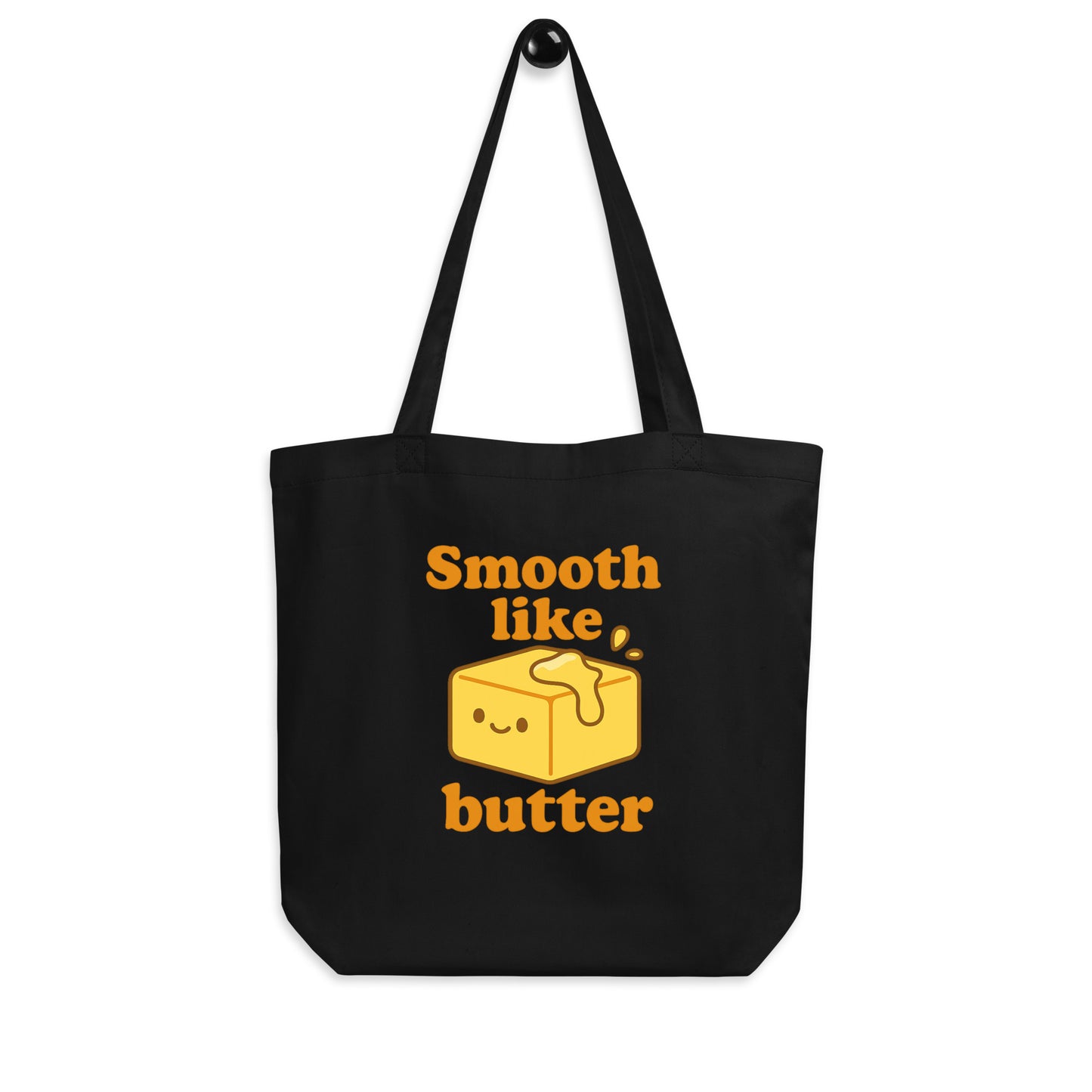 Close-up of Smooth Like Butter slogan printed on canvas tote bag