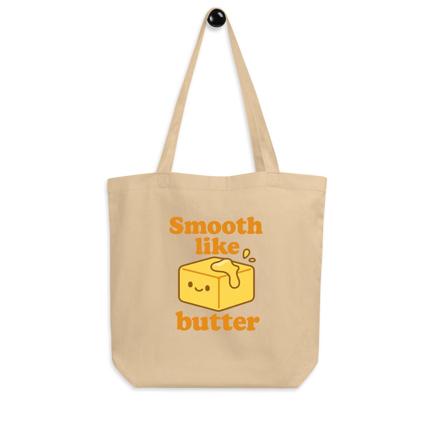 Close-up of Smooth Like Butter slogan printed on canvas tote bag