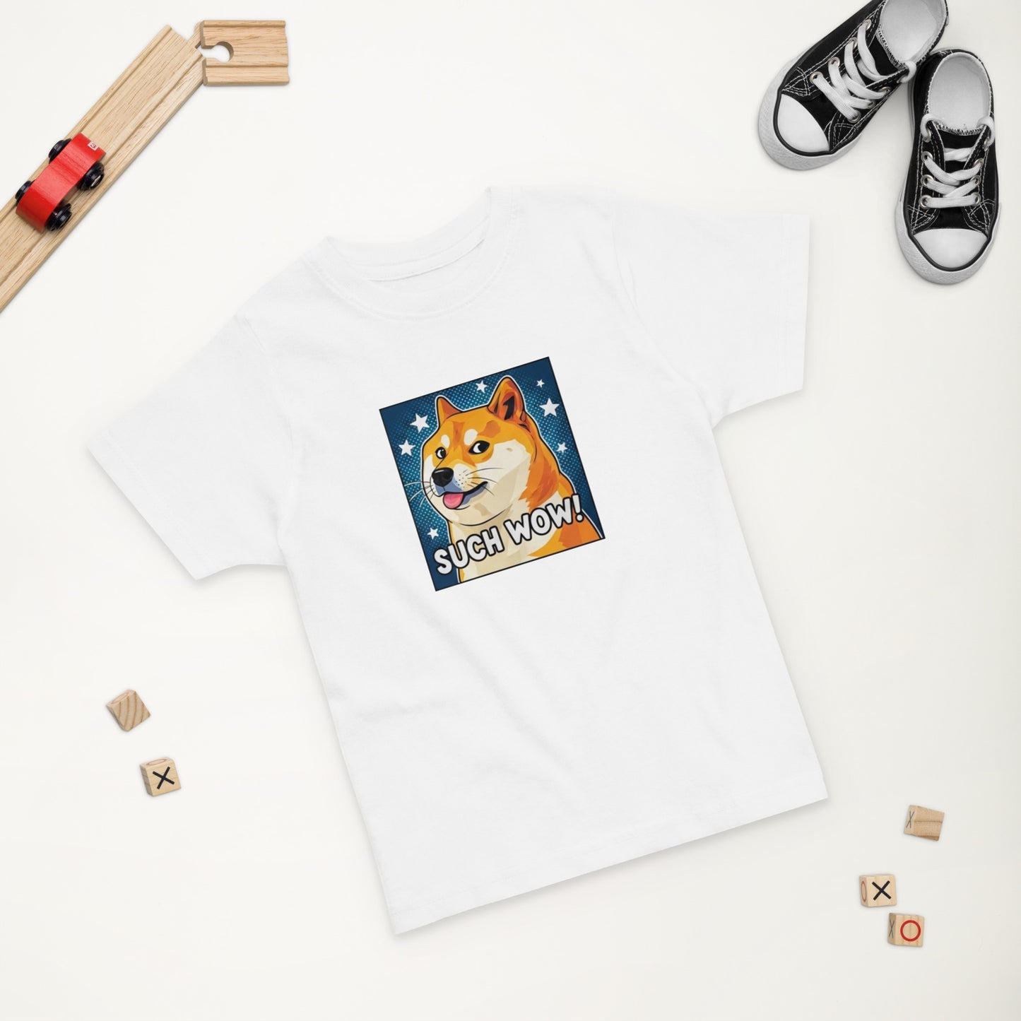 Close-up of Doge dog face print on kidโs t-shirt fabric