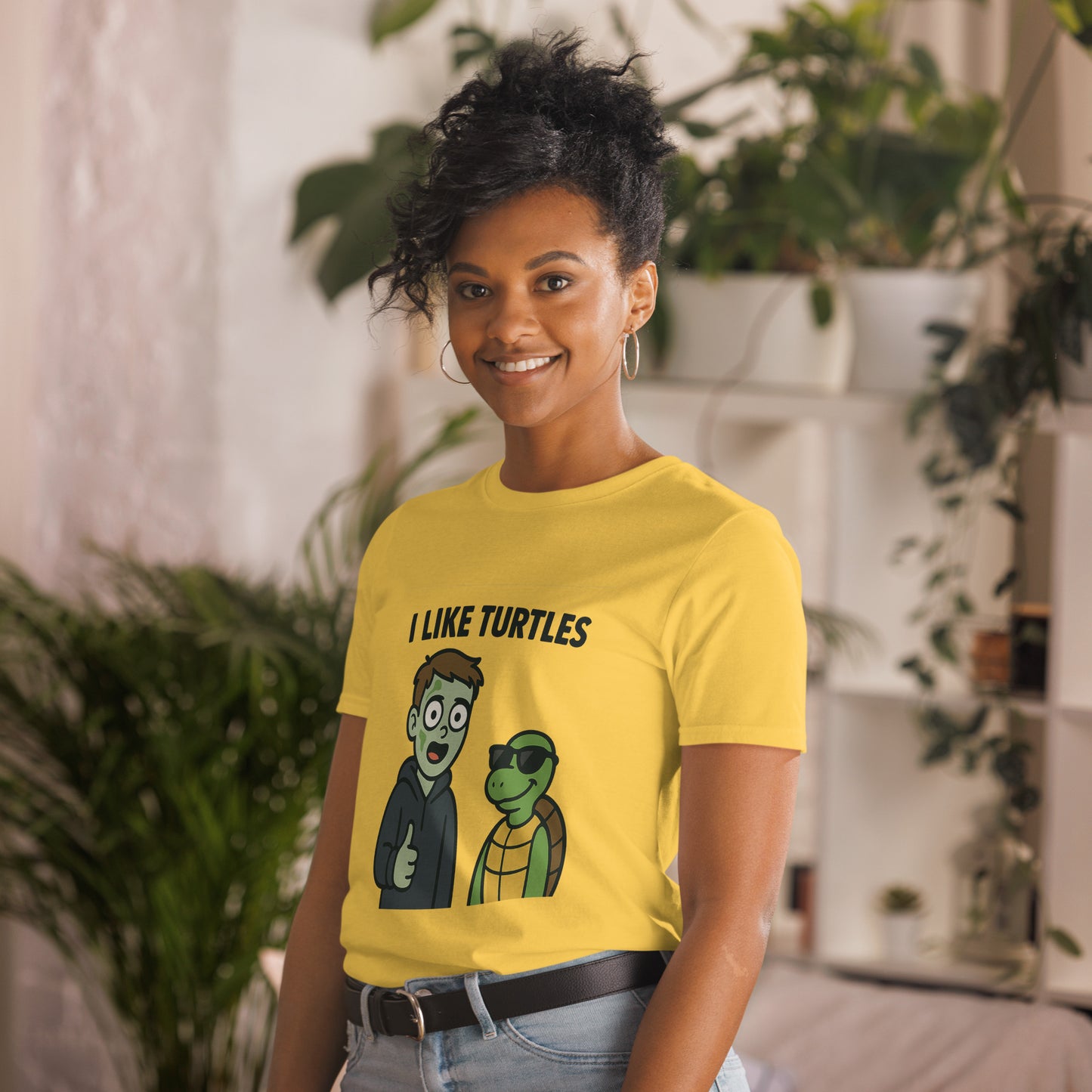 Green I Like Turtles meme t-shirt with cartoon turtle graphic, flat lay view
