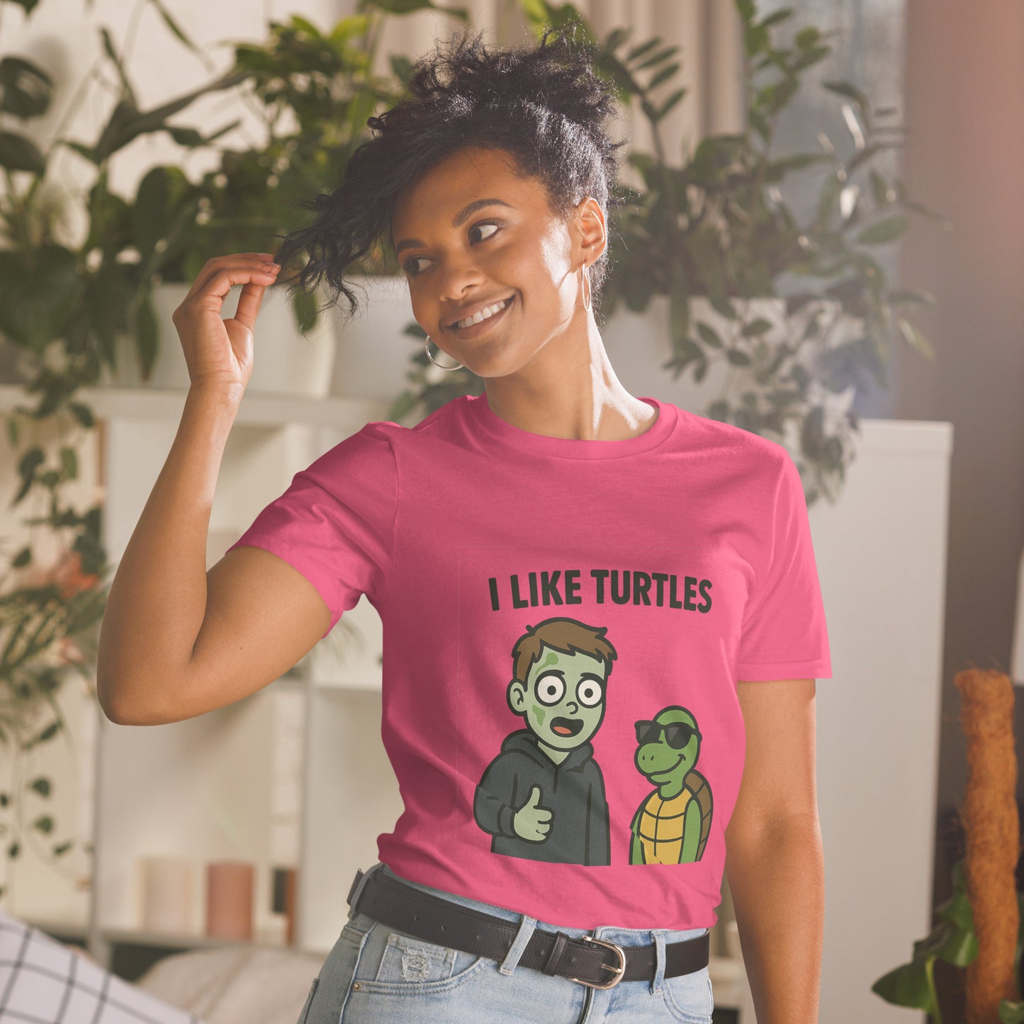 Green I Like Turtles meme t-shirt with cartoon turtle graphic, flat lay view