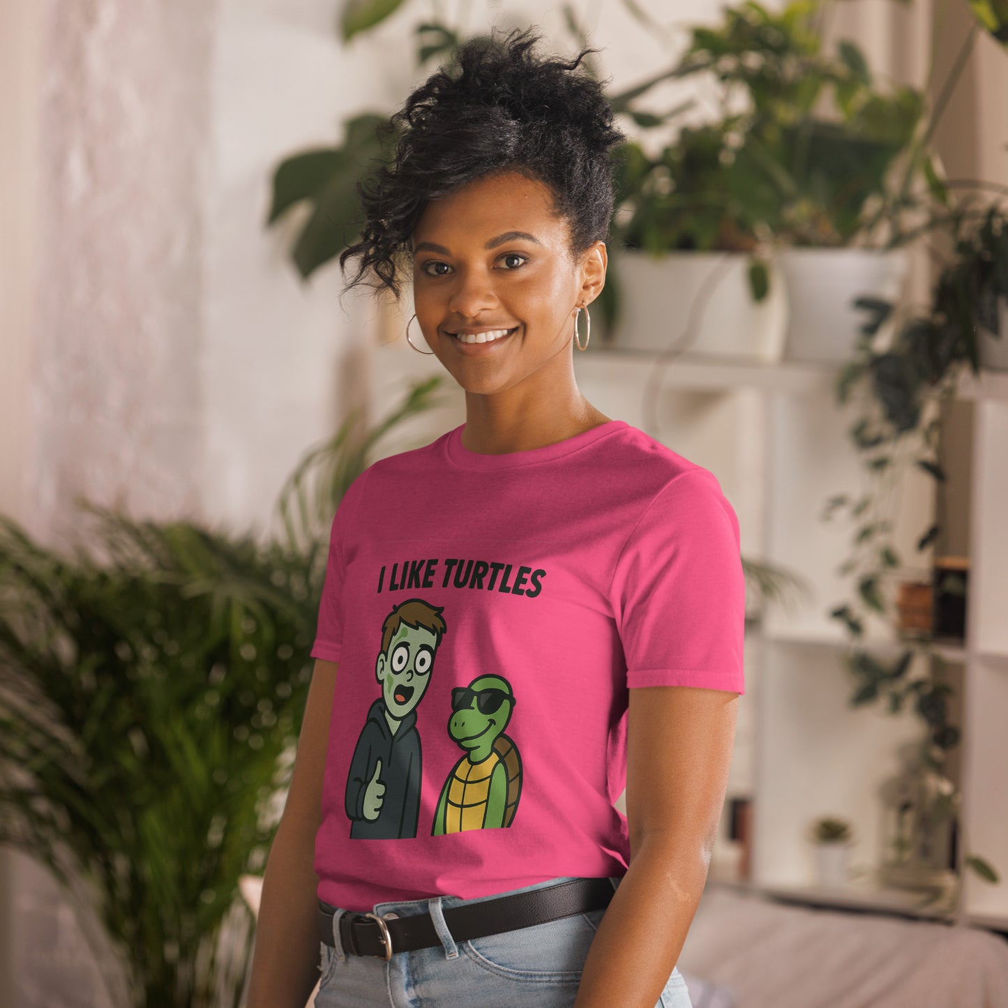 Green I Like Turtles meme t-shirt with cartoon turtle graphic, flat lay view