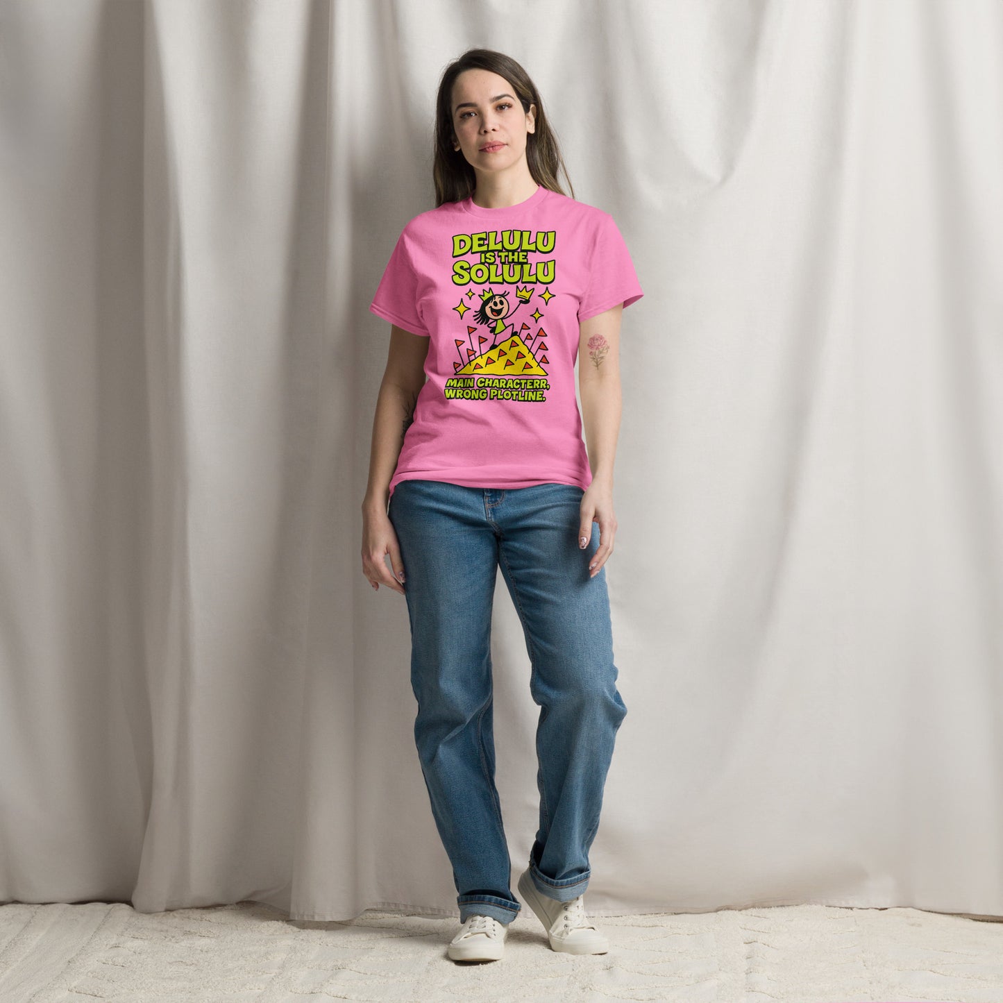 Model wearing Delulu is the Solulu shirt with dreamy background