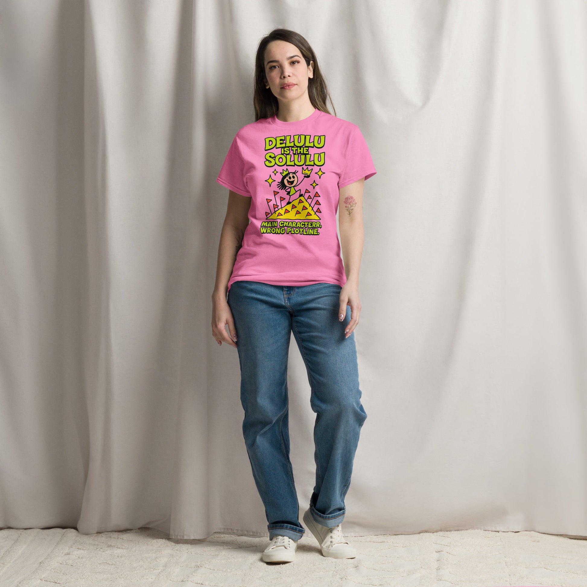 Model wearing Delulu is the Solulu shirt with dreamy background