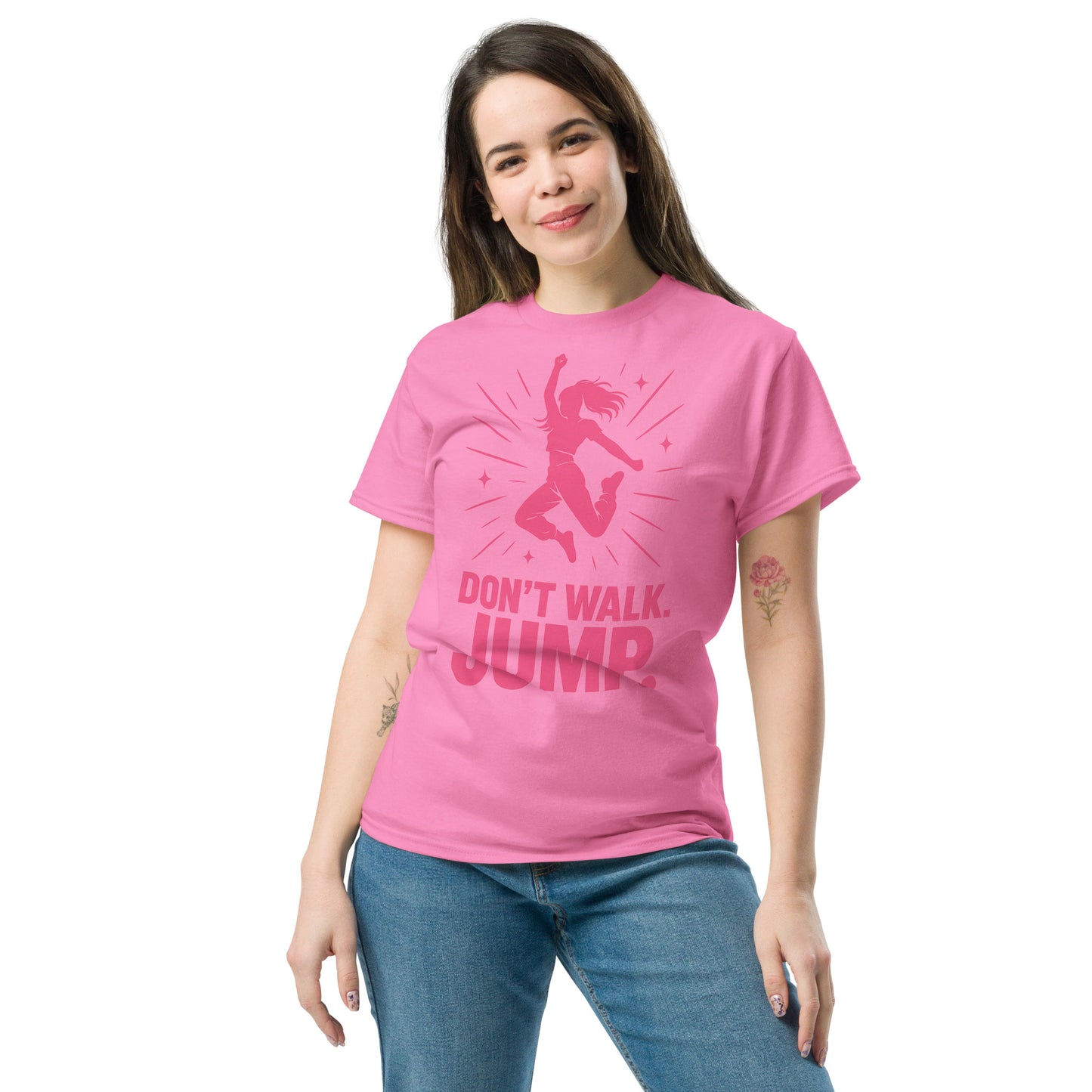Black t-shirt with pink 'Don't Walk, Jump' text in bold K-pop style, flat lay