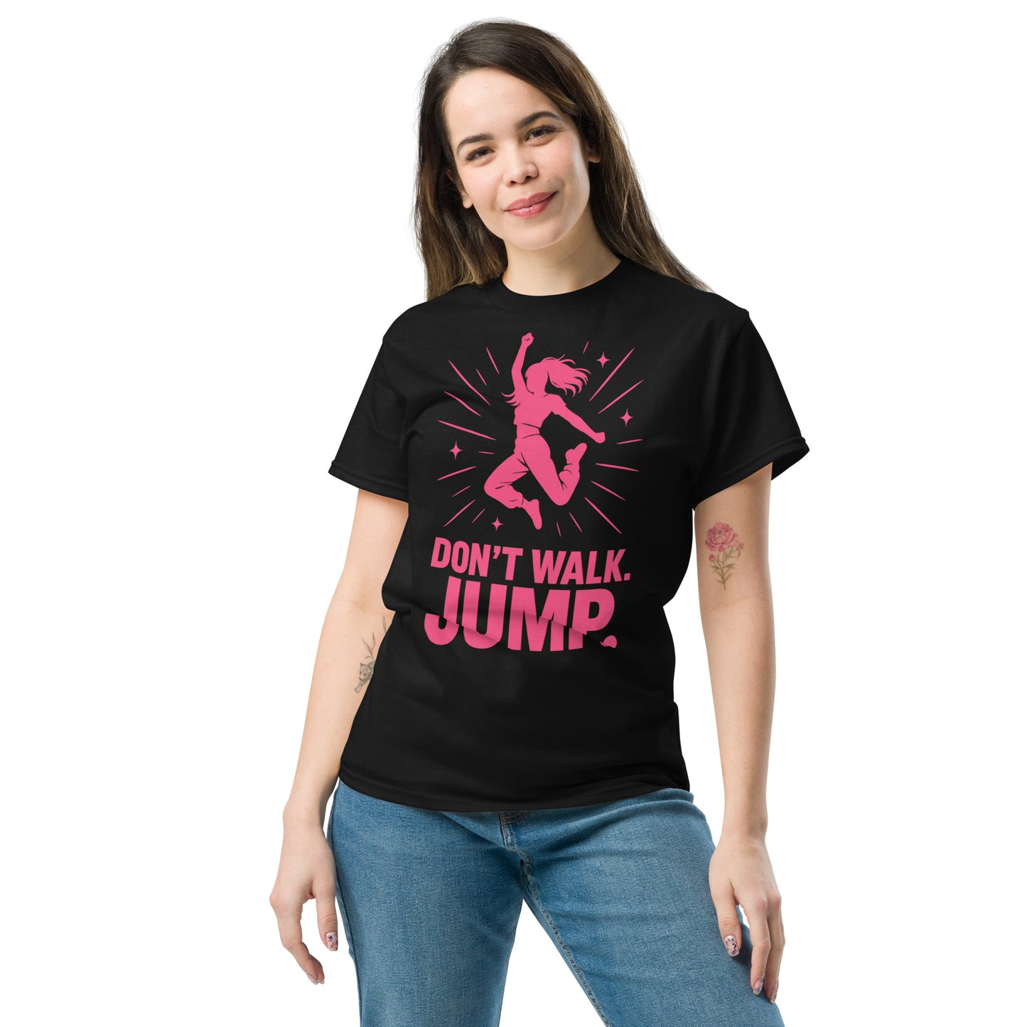 Black t-shirt with pink 'Don't Walk, Jump' text in bold K-pop style, flat lay