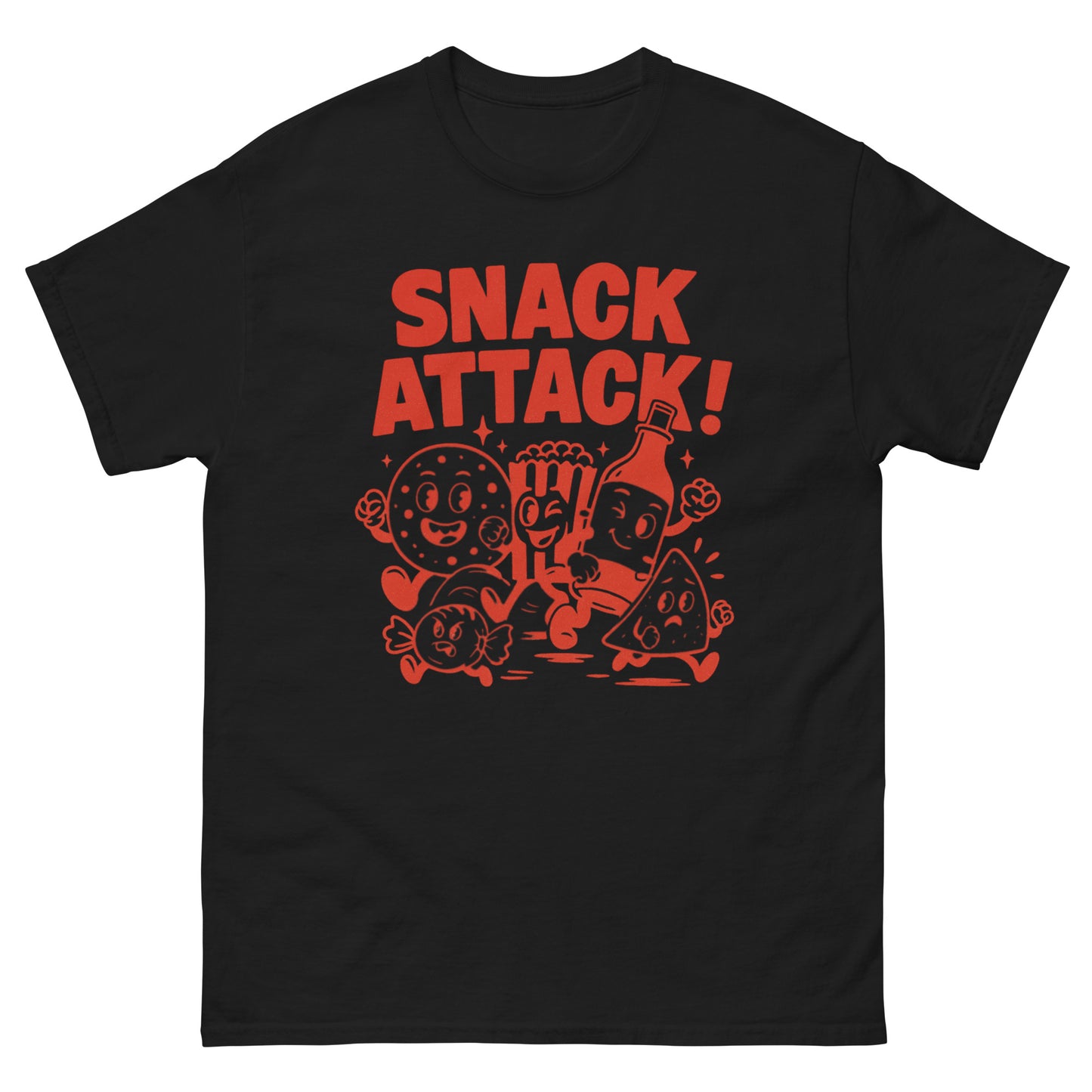 funny t-shirt, snack attack shirt, vintage cartoon tee, retro snack shirt, food lover gift, quirky graphic tee, red ink t-shirt, meme core fashion, snack themed apparel, cute food shirt, junk food t-shirt, nostalgic design tee, foodie aesthetic shirt, popcorn shirt, cookie cartoon tee, candy lover gift, bold graphic tee, unisex food shirt, comic style t-shirt, novelty snack merch