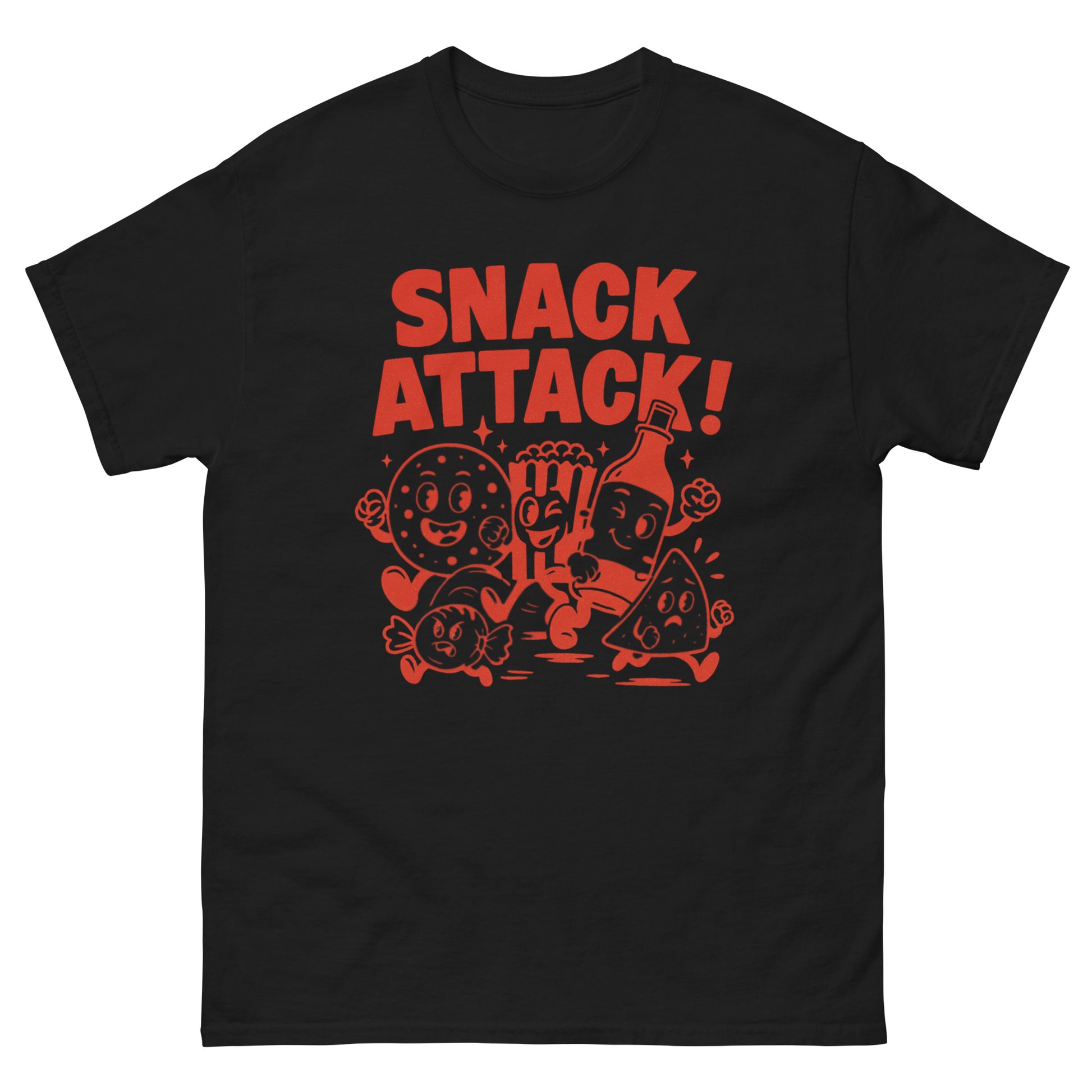 funny t-shirt, snack attack shirt, vintage cartoon tee, retro snack shirt, food lover gift, quirky graphic tee, red ink t-shirt, meme core fashion, snack themed apparel, cute food shirt, junk food t-shirt, nostalgic design tee, foodie aesthetic shirt, popcorn shirt, cookie cartoon tee, candy lover gift, bold graphic tee, unisex food shirt, comic style t-shirt, novelty snack merch