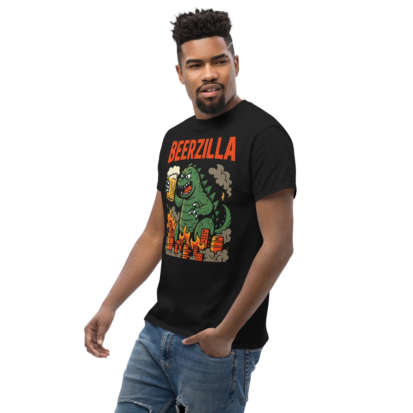 Graphic t-shirt with beer mugs clinking and International Beer Day text, flat lay