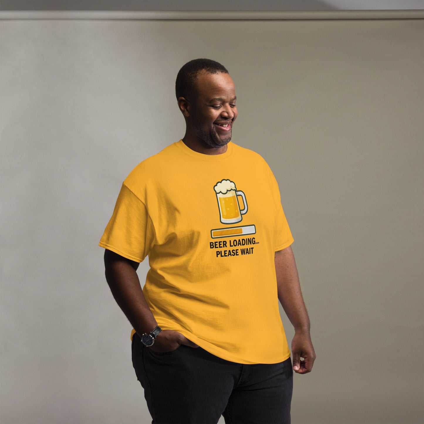 Graphic t-shirt with beer mugs clinking and International Beer Day text, flat lay