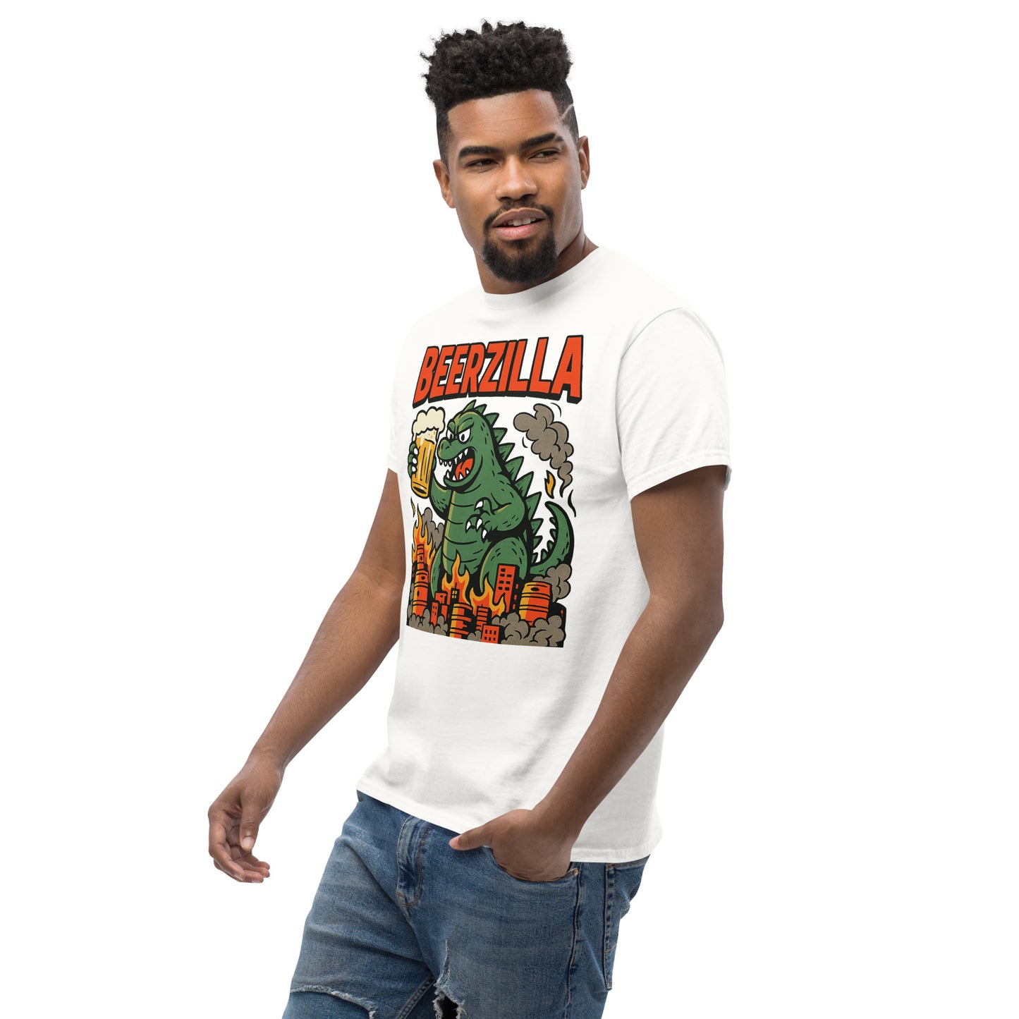 Graphic t-shirt with beer mugs clinking and International Beer Day text, flat lay