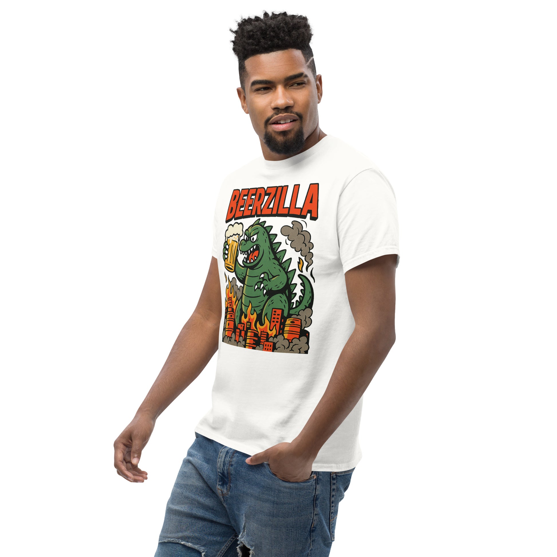 Graphic t-shirt with beer mugs clinking and International Beer Day text, flat lay