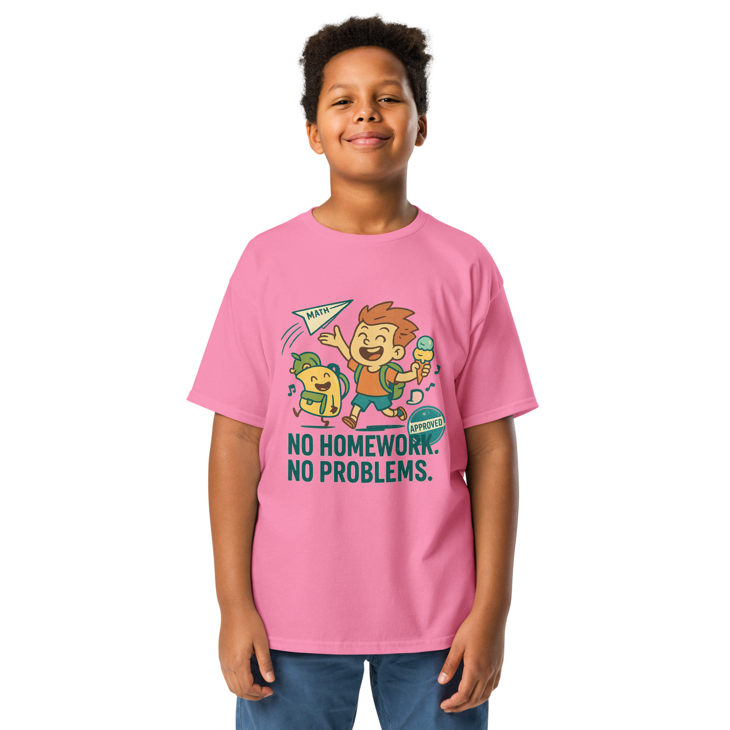 Schoolβs Out t-shirt with bold colorful lettering, flat lay on wooden surface