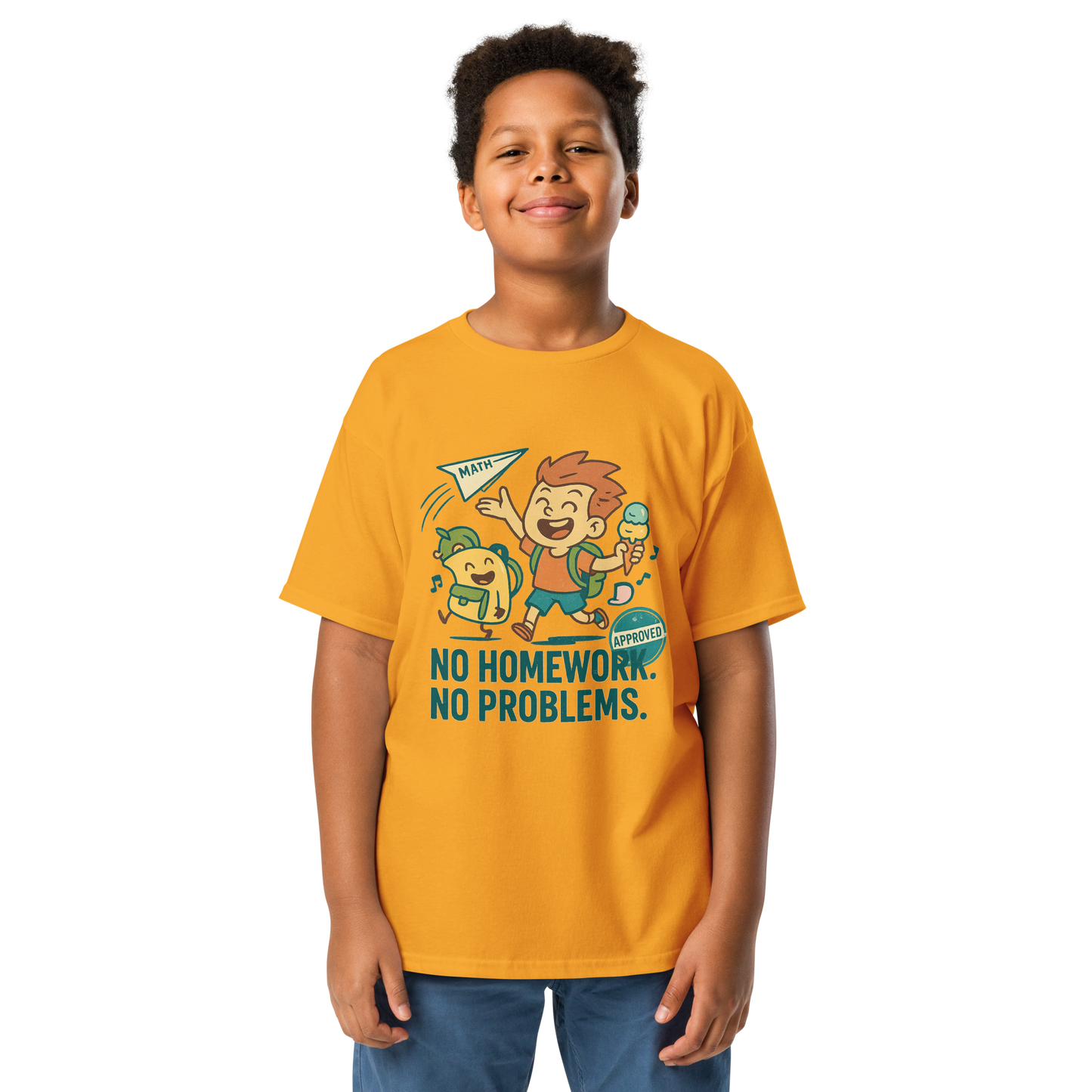 Schoolβs Out t-shirt with bold colorful lettering, flat lay on wooden surface
