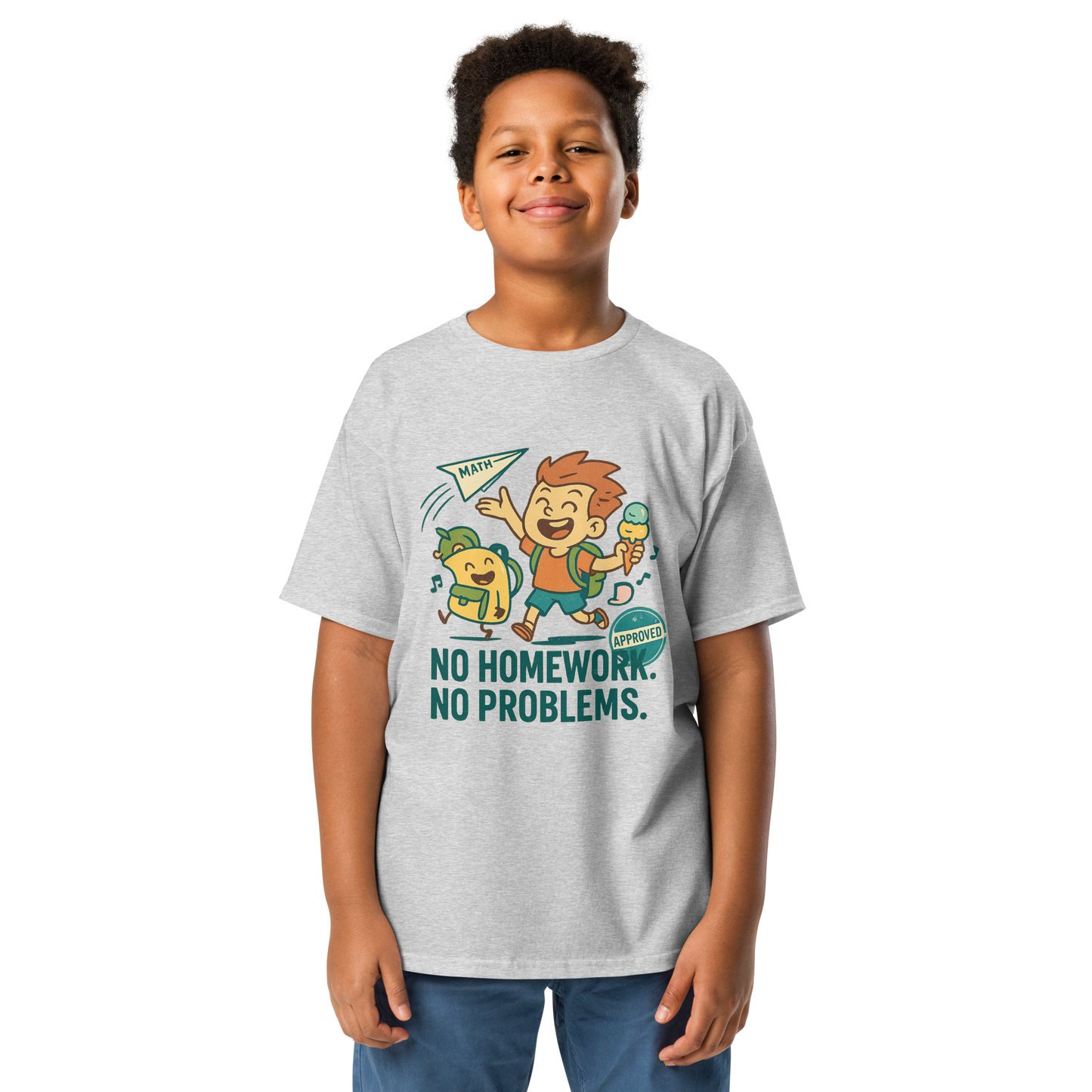 Schoolβs Out t-shirt with bold colorful lettering, flat lay on wooden surface