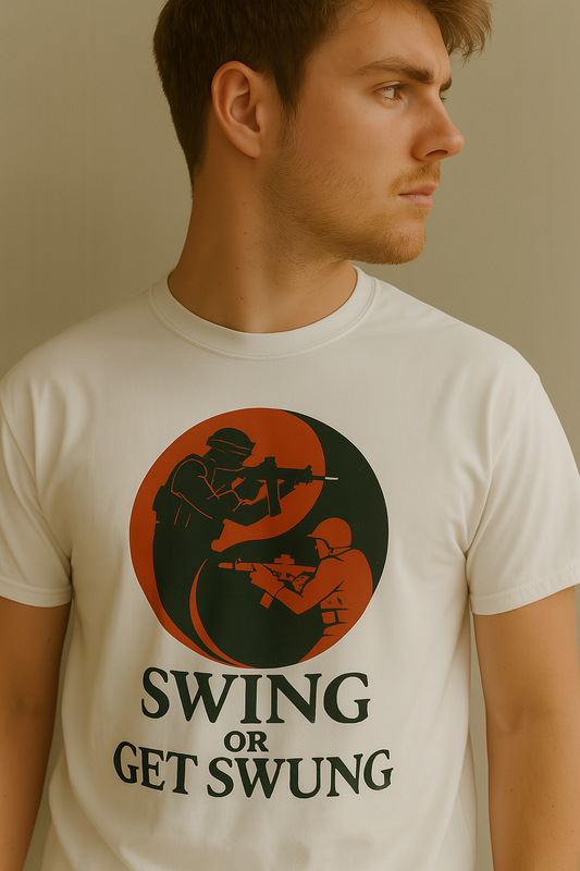 tactical t-shirt, gamer merch, escape from tarkov shirt, swing or get swung, fps gaming apparel, tactical streetwear, yin yang shooter design, military graphic tee, tarkov inspired merch, combat style clothing, chad tee, gaming t-shirt, gunfight graphic tee, operator lifestyle, shooter game merch, PMC apparel, push or die shirt, hardcore gamer clothing, firefight t-shirt, tarkov meme merch
