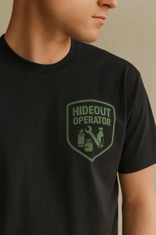 Black t-shirt with 'Hideout Operator' graphic on a beige background escape from tarkov inspired 