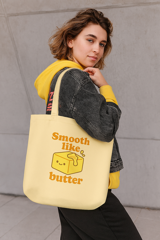 Close-up of Smooth Like Butter slogan printed on canvas tote bag