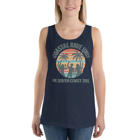 coastal rave unit, festival merch 2025, surf vest, retro tank top, beachwear uk, unisex summer vest, vintage surf clothing, breathable festival wear, boardmasters outfit, uk festival clothing, summer ravewear, sunset aesthetic, retro surfcore, 70s beach vibe, psychedelic tank top, uk coastal fashion, trippy summer tee, palm tree graphic, limited edition festival merch, memeify collection
