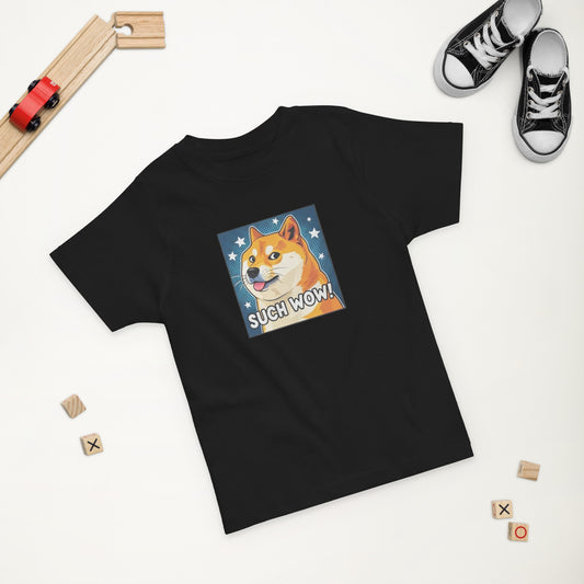 Close-up of Doge dog face print on kid’s t-shirt fabric