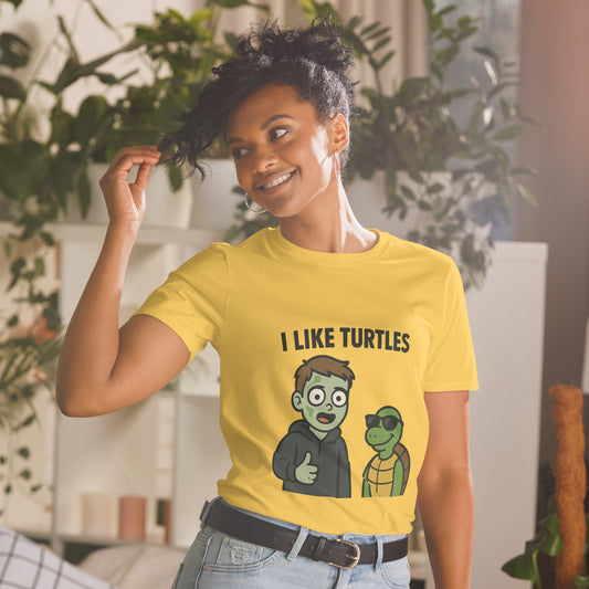 Green I Like Turtles meme t-shirt with cartoon turtle graphic, flat lay view