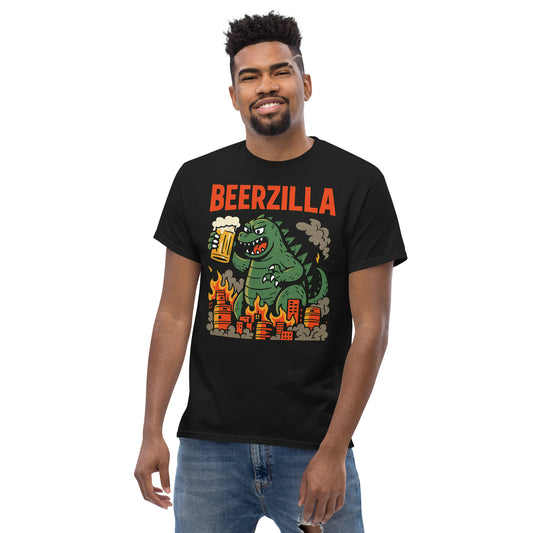 Graphic t-shirt with beer mugs clinking and International Beer Day text, flat lay