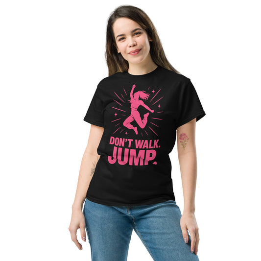 Black t-shirt with pink 'Don't Walk, Jump' text in bold K-pop style, flat lay