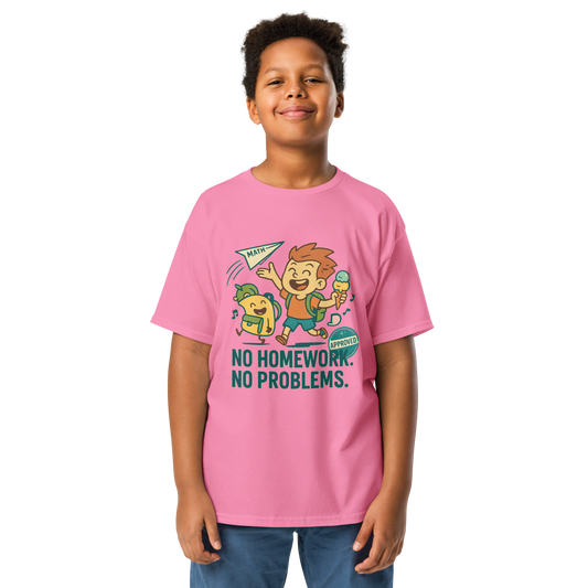 School’s Out t-shirt with bold colorful lettering, flat lay on wooden surface